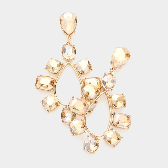 Topaz Stone Trimmed Dangle Earrings Teardrop Crystal Bling Statement Jewelry - Picture 1 of 2